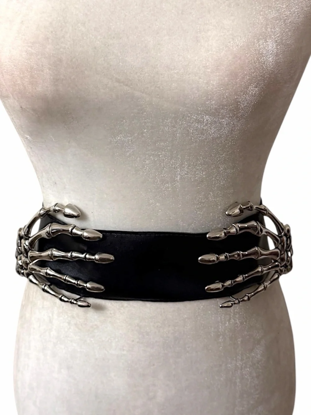 Gothic Skeleton Hands Belt Silver toned Skeleton Bones Faux Leather Tie Belt